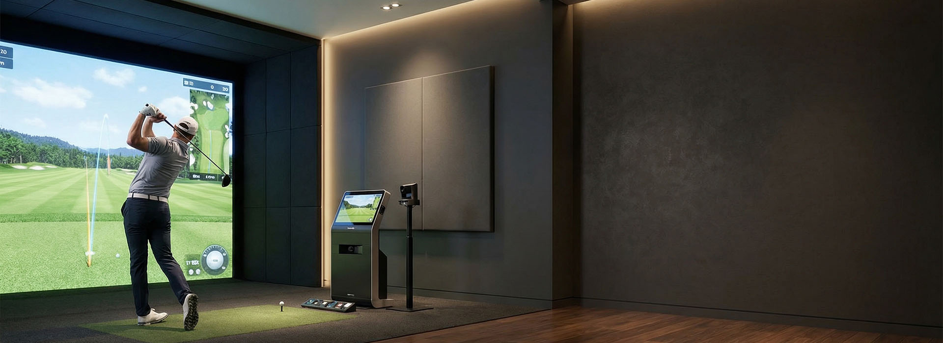 Professional indoor golf simulator room with large screen
